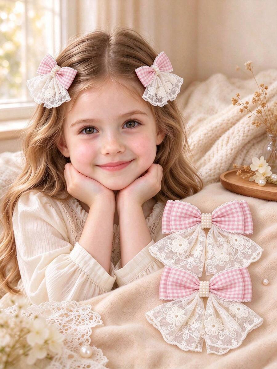 2pcs Girls Pink Plaid Lace Bow Pearl Floral Tulle Decor Crocodile Clips, Sweet Soft Hair Clips For Wedding And Daily Wear, Children Hair Accessories - Multicolor - View 1