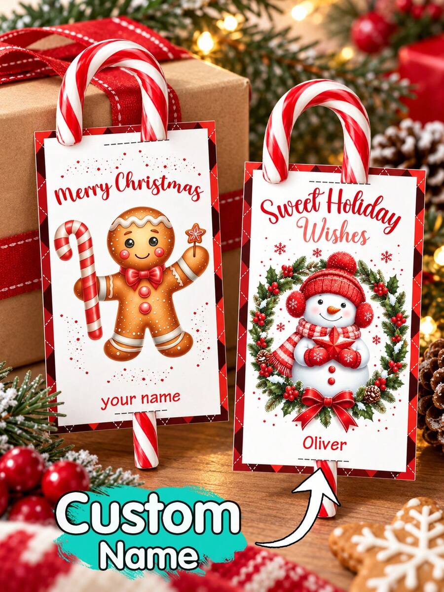 Kartu Pemegang Permen Tongkat Natal Kustom, Label Ucapan Nama yang Dipersonalisasi dengan Desain Kue Jahe & Manusia Salju, Kemasan Hadiah Liburan Meriah untuk Suvenir Pesta, Label Hadiah Natal yang Disesuaikan, Kartu Ucapan Liburan yang Dapat Disesuaikan 2026, Selamat Natal - MultiWarna - View 1