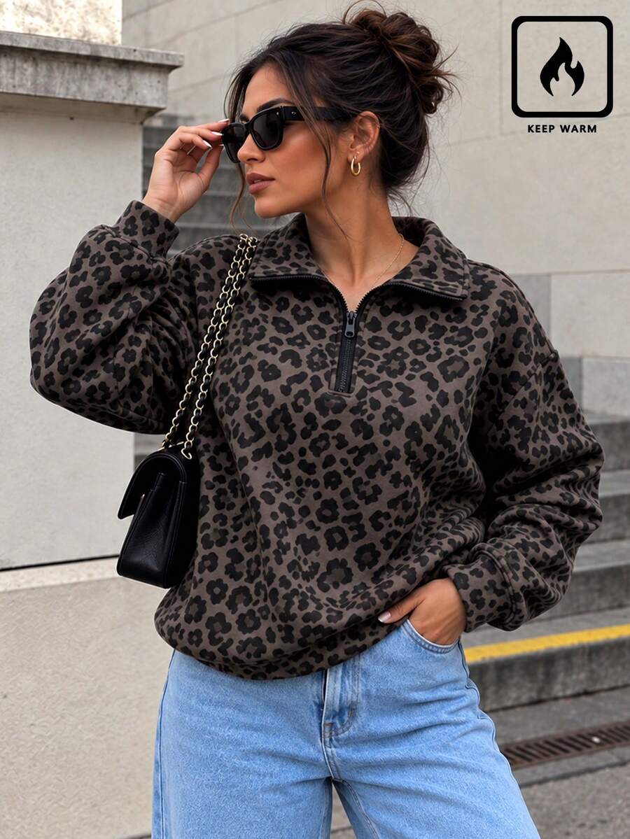 Women's Autumn/Winter New Simple American Style Coffee Color Leopard Print Casual Half-High Neck Zip-Up Fashion Versatile Sweatshirt - Coffee Brown - View 1
