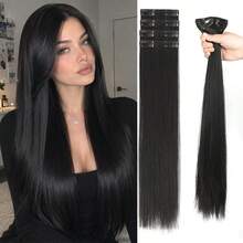 4-Piece Ekstensi Rambut untuk Wanita, Rambut Lurus Panjang, 1-Piece Patch Rambut Penambah Volume Tak Terlihat Tanpa Sambungan dengan Highlight, Penambah Volume Rambut, Ekstensi Rambut Jepit dengan Klip BB, Aksesori Rambut - Hitam - View 2