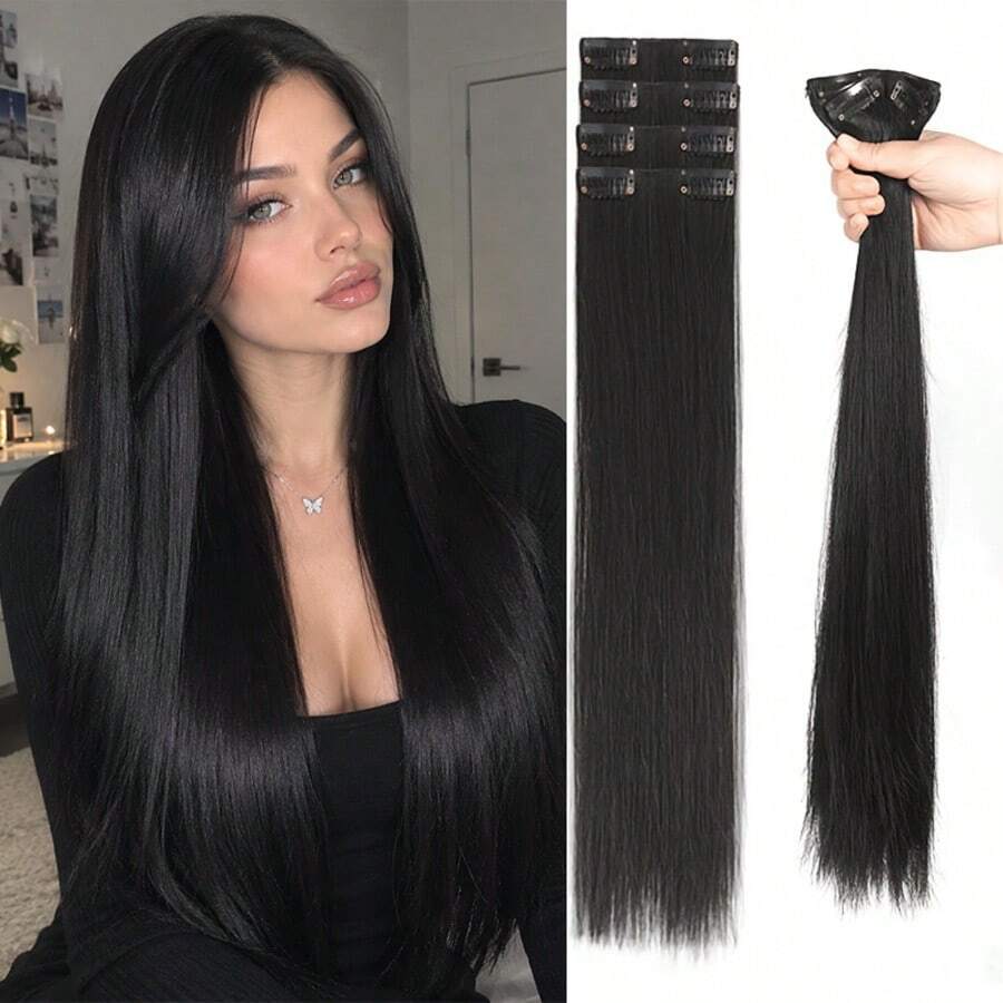 4-Piece Ekstensi Rambut untuk Wanita, Rambut Lurus Panjang, 1-Piece Patch Rambut Penambah Volume Tak Terlihat Tanpa Sambungan dengan Highlight, Penambah Volume Rambut, Ekstensi Rambut Jepit dengan Klip BB, Aksesori Rambut