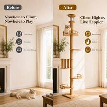 Floor‑To‑Ceiling Solid Wood Cat Tree Tower, Multi‑Level Platforms & Perches, Natural Sisal Scratching Post, Stable Height‑Adjustable Cat Activity Furniture For Indoor Cats - Beige - View 2