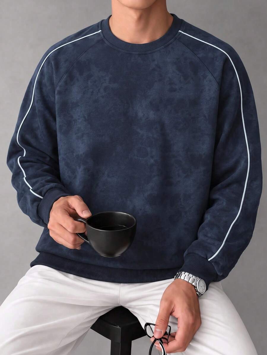 Men's Crew Neck Casual Sweatshirt, Loose Fit Pullover Sports Sweatshirt For Spring And Autumn, American Style Men's Wear, Outdoor Commuting Long Sleeve Men's Top - Navy Blue - View 1