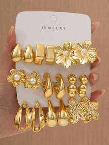 6/18PCS Women's Fashion Elegant Gold Flower Water Drop C-Shaped Geometric Multi-Element Creative Earrings Set, Suitable For Daily Wear, Party, Travel, Vacation, Gift, Engagement, Suitable For Various Occasions - Gold - View 8