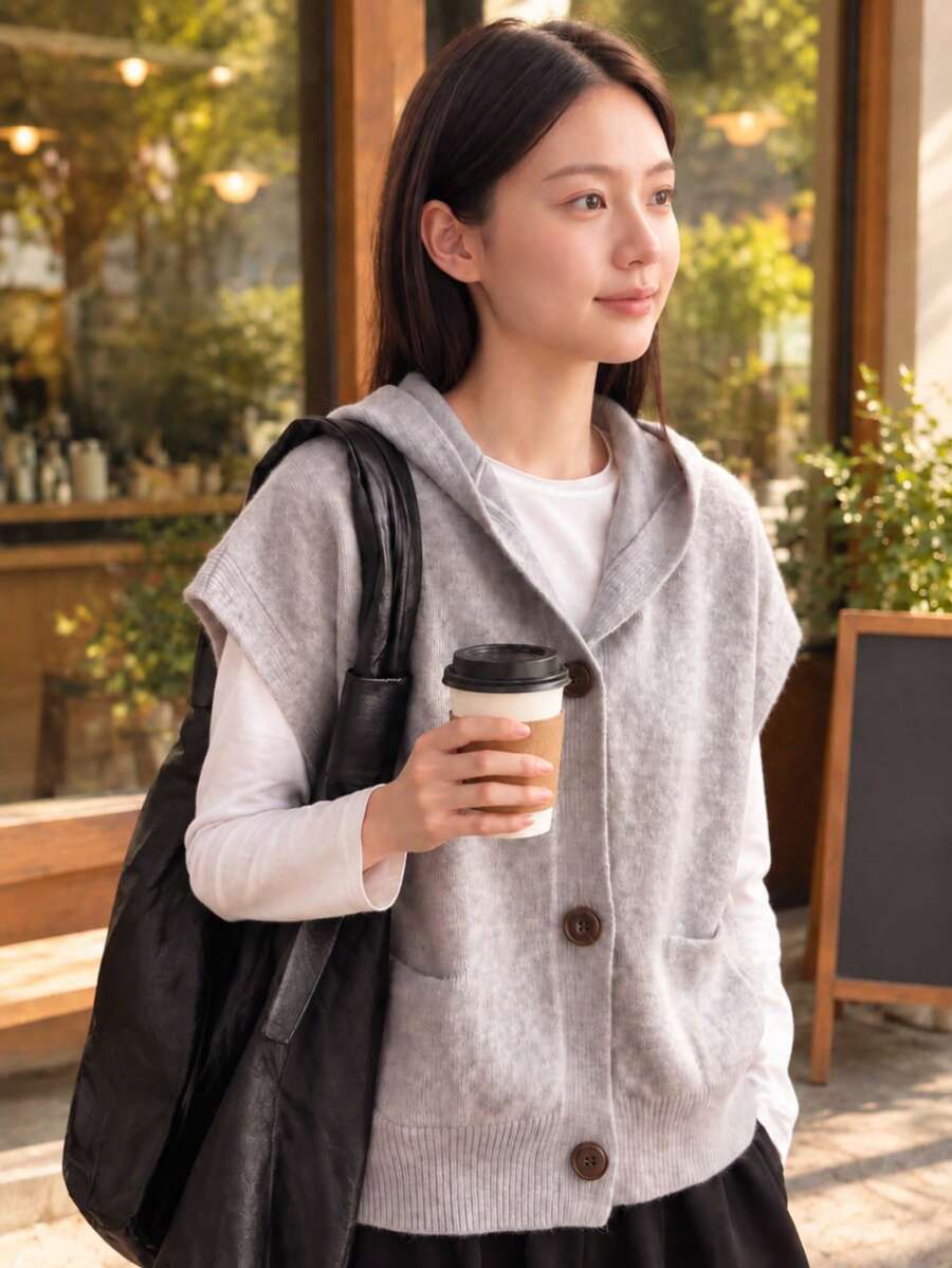 Women's Casual Loose Fit Hooded Cardigan Vest, Autumn Fall - Grey - View 1