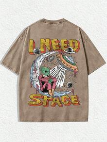 Men's Plus Size I Need Space Alien Print T-Shirt, Vintage Washed Loose Fit Short Sleeve Streetwear Top - Rust Brown - View 2