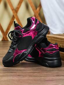 Men's Athletic Shoes, Mesh And Leather Color-Block Design, Perfect For Everyday Wear, Preppy-Style Running Shoes, Stylish Trail Running Shoes - Black Plum Red - View 3