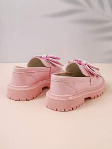 1 Pair Girls' School Leather Shoes, Mirror PU + Pearl Rhinestone Bow Decor, Round Toe Thick Sole Slip-On Design, Luxury Princess Style Loafers, Suitable For Daily School, Festivals, Parties, Spring/Autumn New - Pink - View 4