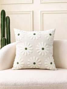1pc Flower Embroidery Cushion Cover Without Filler, Modern Canvas Decorative Throw Pillow Cover For Home - Green - View 7