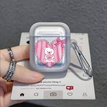 1PC Pink Heart Striped Bow Bear Print Earphone Case, Compatible With AiPods1/2, AirPods3, AirPods4, AirPods5, AirPodsPro, AirPodsPro3, With Hook Full Coverage Anti-Drop Transparent Protective Cover - Clear - View 4