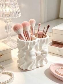 3D Printed Wavy Bow Makeup Brush Holder, 3D Wavy Texture With Full Bow Design, Dual Compartment Design, Can Separately Store Makeup Brushes And Lip Gloss, Sweet Pink Decor For Vanity - Multicolor - View 4