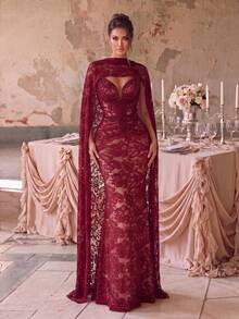 Faeriesty Women's Charming Strapless Mermaid Long Lace Formal Dress, Pearl Embellished Backless Design, Suitable For Prom And Evening Party - Burgundy - View 4