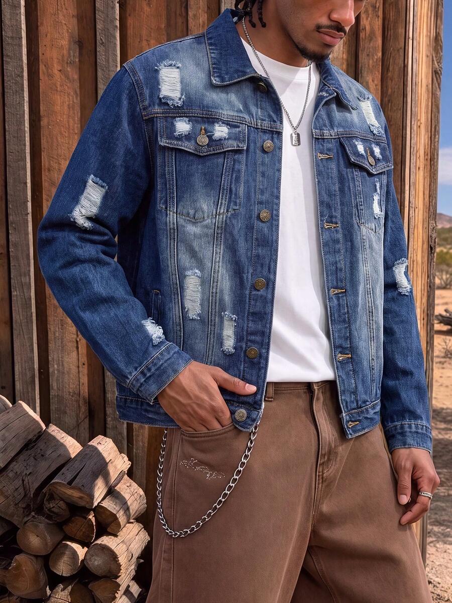 Men's Distressed Denim Jacket, Classic Lapel Button Denim Coat, Spring/Autumn Casual Long Sleeve Ripped Denim Top - Blue - View 1