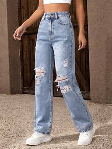 Women's Casual Non-Stretch Straight Leg Light Wash Distressed Jeans With Zipper And Pockets, Perfect For Party Outfits Fall - Light Wash - View 2