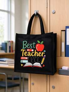 Teacher Theme Black Linen Tote Bag Set, Includes Large Tote Bag + Small Coin Purse, Printed With Best Teacher Ever Apple Design, Large Capacity Durable Canvas Material, Perfect Gift For Teacher's Day, Suitable For Students To Purchase And Give To Teachers, Daily Commute, Lesson Planning, Book And Stationery Storage - Multicolor - View 8