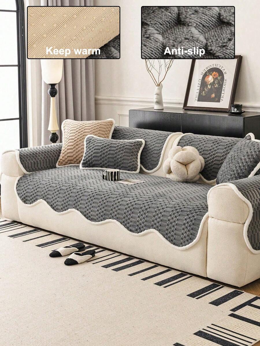 1pc Solid Color Soft Cotton Velvet Warm Sofa Cover, Pet-Friendly Non-Slip Back, Machine Washable, All-Season Use, Home Decor Furniture Refresh, Armrest Backrest Cover For Living Room Bedroom - Dark Grey - View 1