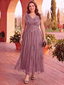 EVERPRETTY Autumn Plus Size Elegant Luxury Sequin Embroidered Formal Evening Gown Suitable For Wedding Guest, Bride's Mother, Party, Semi-Formal Occasions - Dusty Pink - View 1