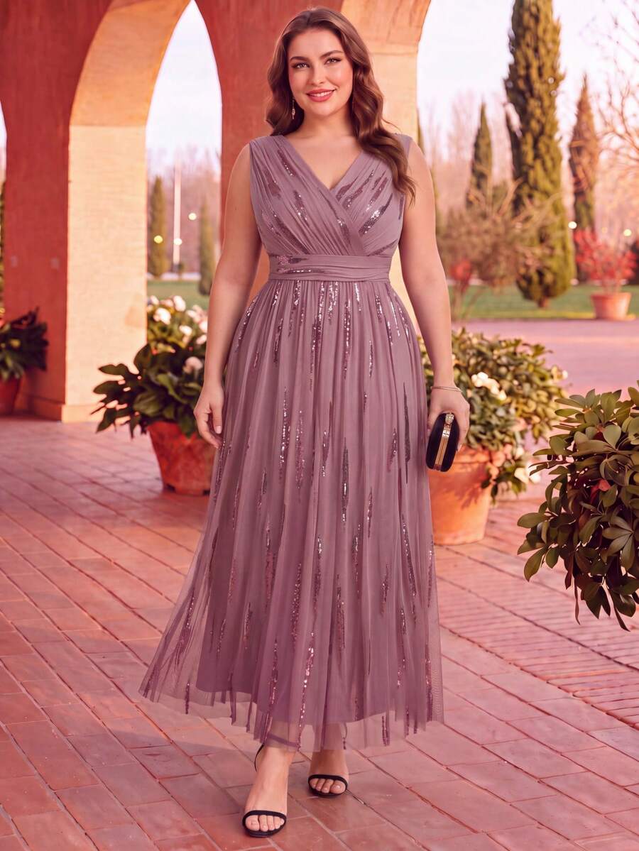 EVERPRETTY Autumn Plus Size Elegant Luxury Sequin Embroidered Formal Evening Gown Suitable For Wedding Guest, Bride's Mother, Party, Semi-Formal Occasions - Dusty Pink - View 1