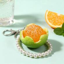 1pc Resin Apple Orange Keychain With Faux Pearl, Y2K Aesthetic Fruit Bag Charm For Purse Car Keys, Gift For Teens - Multicolor - View 1