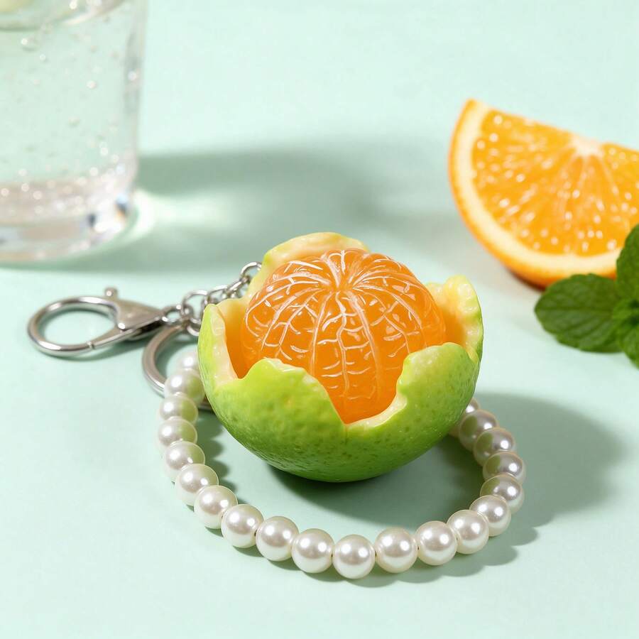 1pc Resin Apple Orange Keychain With Faux Pearl, Y2K Aesthetic Fruit Bag Charm For Purse Car Keys, Gift For Teens - Multicolor - View 1