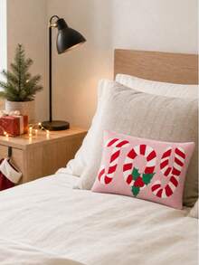 Pink Christmas Candy Cane Decorative Pillow, Red And White Striped Print With Holly Berry Pattern, Holiday Home Decor - Multicolor - View 2