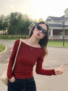 Women's Fitted Boat Neck Long Sleeve Knit Casual Elegant Base Layer T-Shirt Top - Vintage Red - View 5