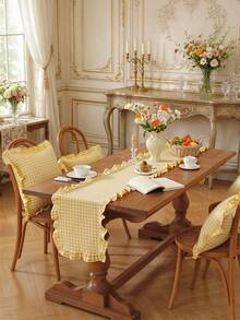 1/20piezas Camino de mesa estilo francés a cuadros vintage con borde de volantes, adecuado para sala de estar, comedor, fiesta de vacaciones, reunión familiar, banquete de boda, decoración de mesa de cumpleaños, lavable - Amarillo - Ver 1