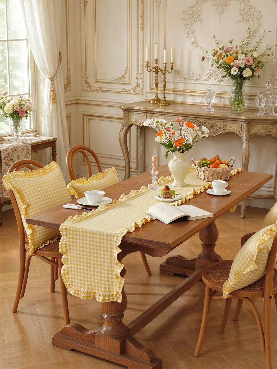 1/20piezas Camino de mesa estilo francés a cuadros vintage con borde de volantes, adecuado para sala de estar, comedor, fiesta de vacaciones, reunión familiar, banquete de boda, decoración de mesa de cumpleaños, lavable - Amarillo - Ver 1