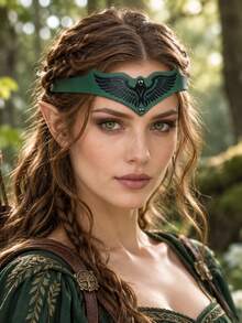 1pc Forest Elf Crown Headband Green Leather Floral Vine Headpiece Gold Rose Decor Medieval Renaissance Fantasy Cosplay LARP Halloween Party Costume Accessory - TD - View 7