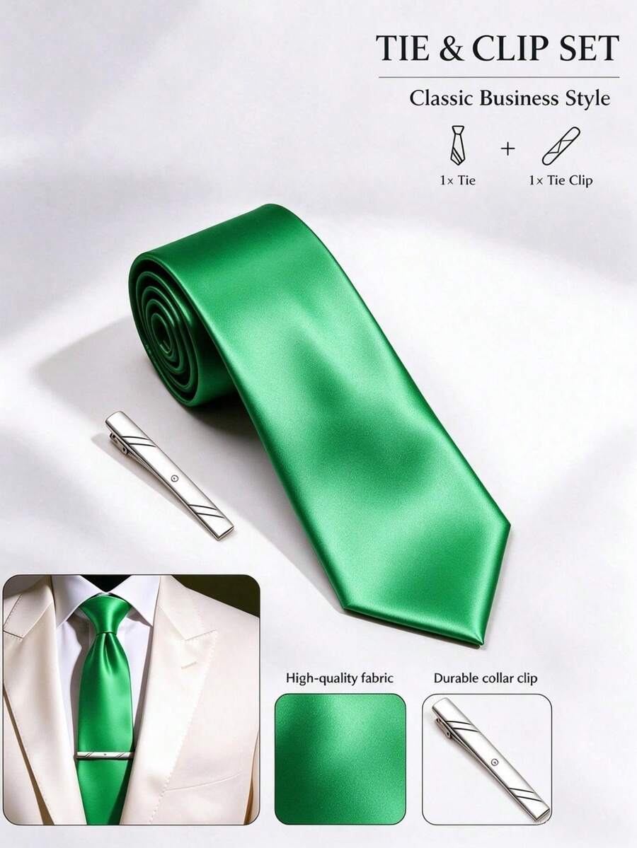 1組 8cm 純色緞面男士商務時尚百搭領帶與領帶夾配件,適用於工作、面試、婚禮、派對、聚會、家庭晚餐、日常穿著 - 草綠色 - 查看 1
