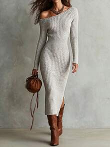 Women's Heather Gray One Shoulder Ribbed Knit Bodycon Midi Dress, Long Sleeve Side Split Elegant Sexy Evening Party Cocktail Wear - Heather Gray - View 7