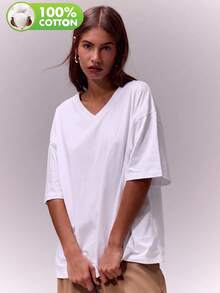 Women Casual V-Neck Short Sleeve Patchwork Cuff T-Shirt, Versatile Style For Spring And Summer 100Cotton - White - View 11