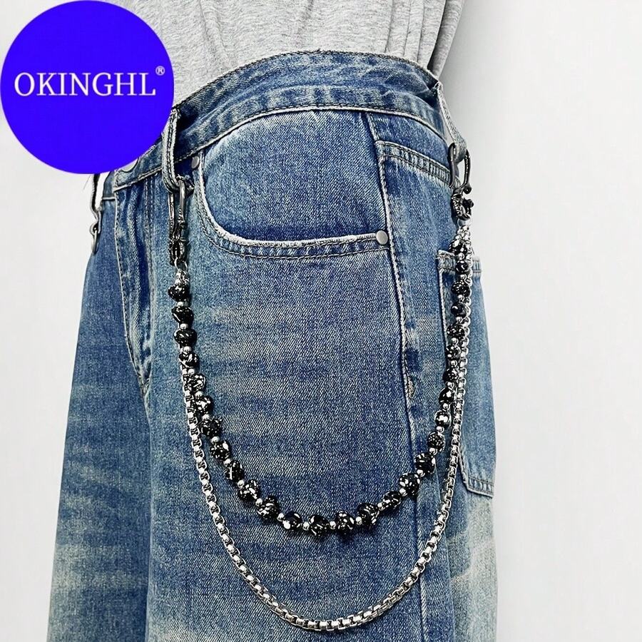 OKINGHL Y2K Style Beaded Splatter Dark Heart Double Layer Pants Chain, Ghost Head Hook Clasp Hip Hop Punk Style Decorative Chain, Unisex, Suitable For Jeans, Casual Pants And Skirts - Multicolor - View 1