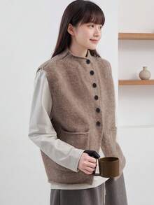 Alicedudu Women's Autumn/Winter Minimalist Oblique Placket Design Cardigan Vest - Milk Coffee - View 1