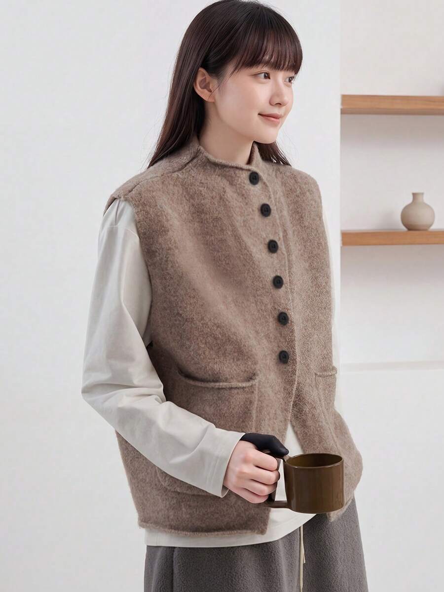 Alicedudu Women's Autumn/Winter Minimalist Oblique Placket Design Cardigan Vest - Milk Coffee - View 1