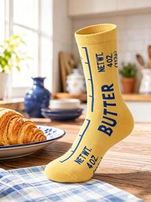 1 Pair Unisex Multi-Color Butter Packaging Creative Letter Print Mid-Calf Socks, Quirky BUTTER Pattern, Korean Ins Style Knitted Socks, Soft And Comfortable Fabric, Niche Daily Commute Versatile Fashion Mid-Calf Socks - Multicolor - View 7