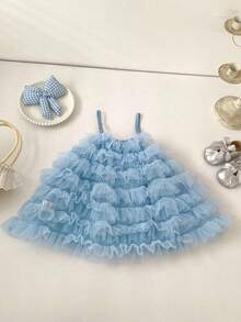 Summer Baby Girl Dress, New Sweet Mesh Spaghetti Strap Dress, Super Cute Cake Skirt - Blue - View 7