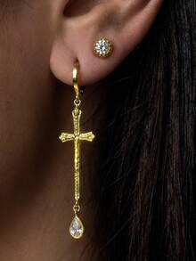 Firehoney 2pcs Women's Earrings, Gold Metal Cross & Water Drop Pendant Inlaid With CZ, Exquisite Vintage Style, Suitable For Daily Wear And Office Outfits In Autumn - Gold - View 3