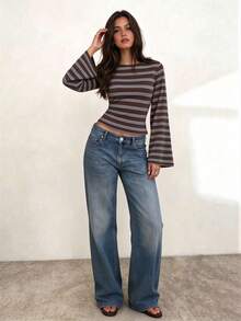 Striped Colorblock Ribbed Long Sleeve T-Shirt For Women, Casual Home Wear - Coffee Brown - View 6