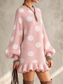 Women's Comfortable Pink Polka Dot Knit Sweater Dress, Long Sleeve Ruffle Hem Casual Pullover, Winter Style - Pink - View 4