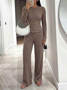 Khaki Casual Ribbed Knit Crew Neck Button Front Long Sleeve Top And Wide Leg Pants Two Pieces Set For Home Daily Casual Weekend Outing - Khaki - View 4