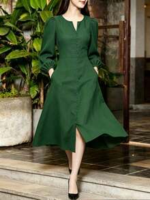 Women's Elegant Green Notched Neck Midi Dress With Long Sleeves A-Line Silhouette Vintage Modest Style For Everyday Wear - Green - View 1