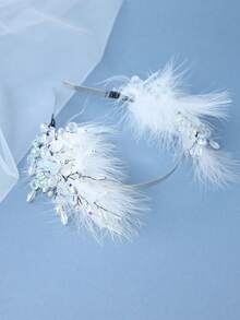 Handmade Delicate Silver White Feather Iridescent Rhinestone Bridal Headband Wedding Hair Accessories Women For Prom Party Pageant Birthday Celebratio - White - View 4