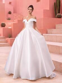 Elegant White Silk Wedding Dress, Off-Shoulder Sweetheart Neckline, Pearl Embellishments, Long Backless Design, Perfect For Creating A Romantic Bridal Look - White - View 9