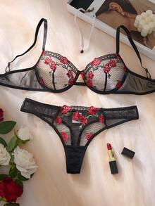 1 Set 2pcs Rose Embroidered 3D Flower Daily Bra Set, Comfortable Home Wear Valentine's Day Lingerie - Black - View 1