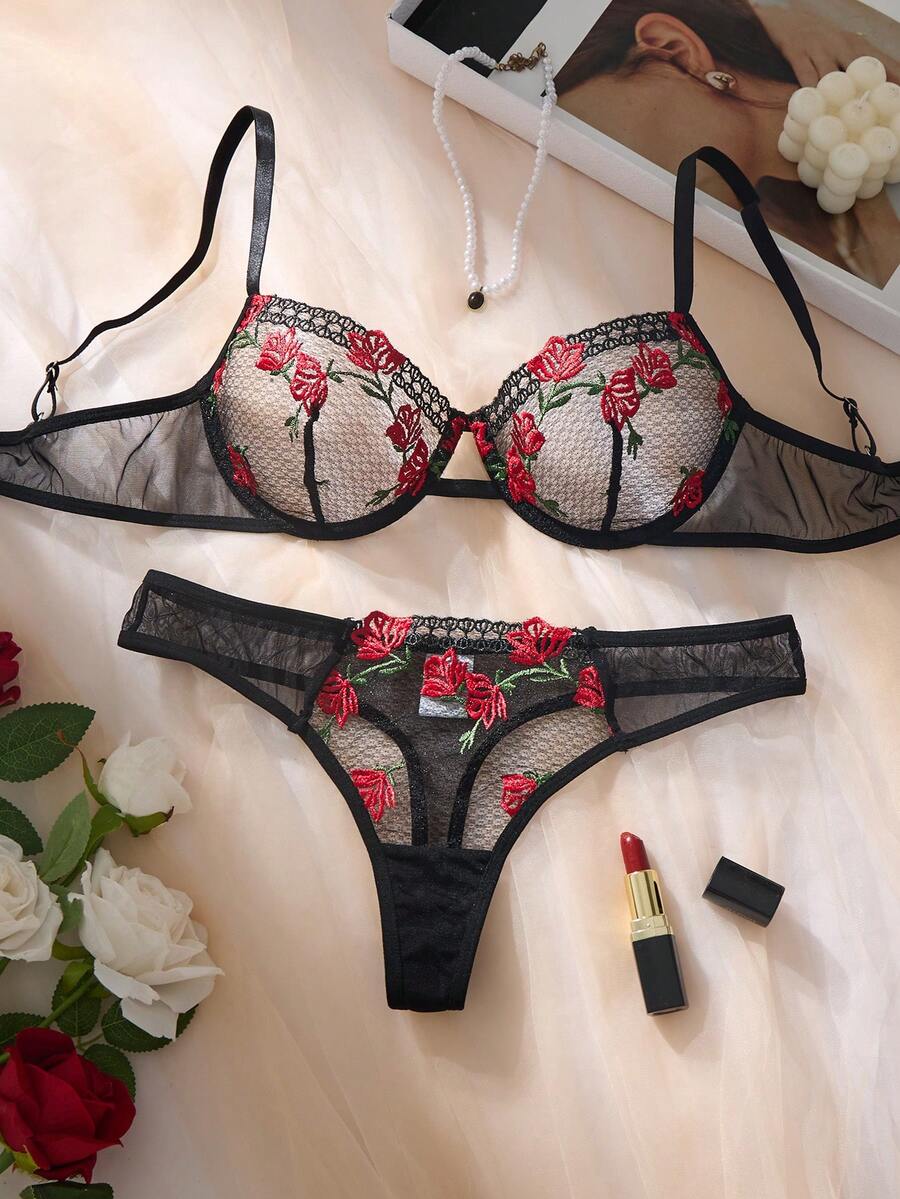 1 Set 2pcs Rose Embroidered 3D Flower Daily Bra Set, Comfortable Home Wear Valentine's Day Lingerie - Black - View 1