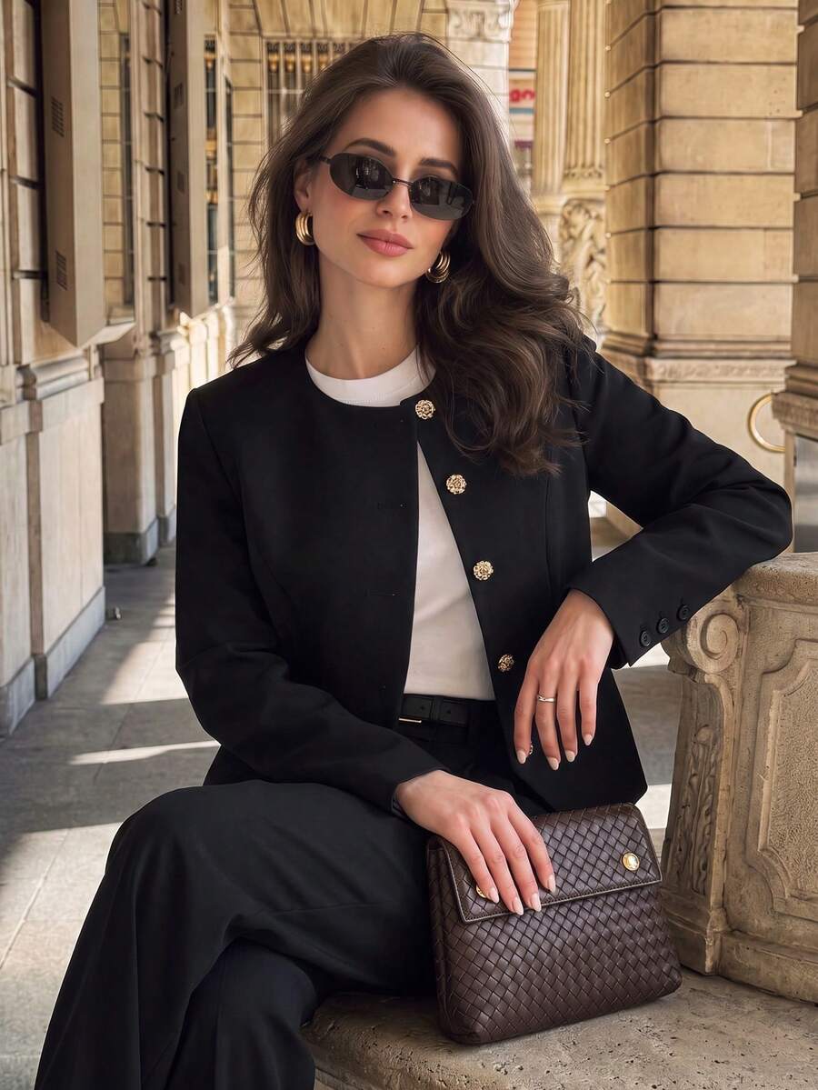 minisummer Women's Elegant Autumn Round Neck Blazer, Asymmetrical Gold Button Fitted Short Blazer, Office Wear - Black - View 1