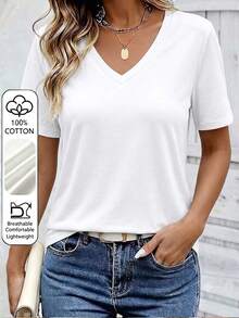 純棉布料 100% 棉 女款 T 恤上衣 白色短袖 V 領 春夏休閒透氣 T 恤 - 白色 - 查看 9