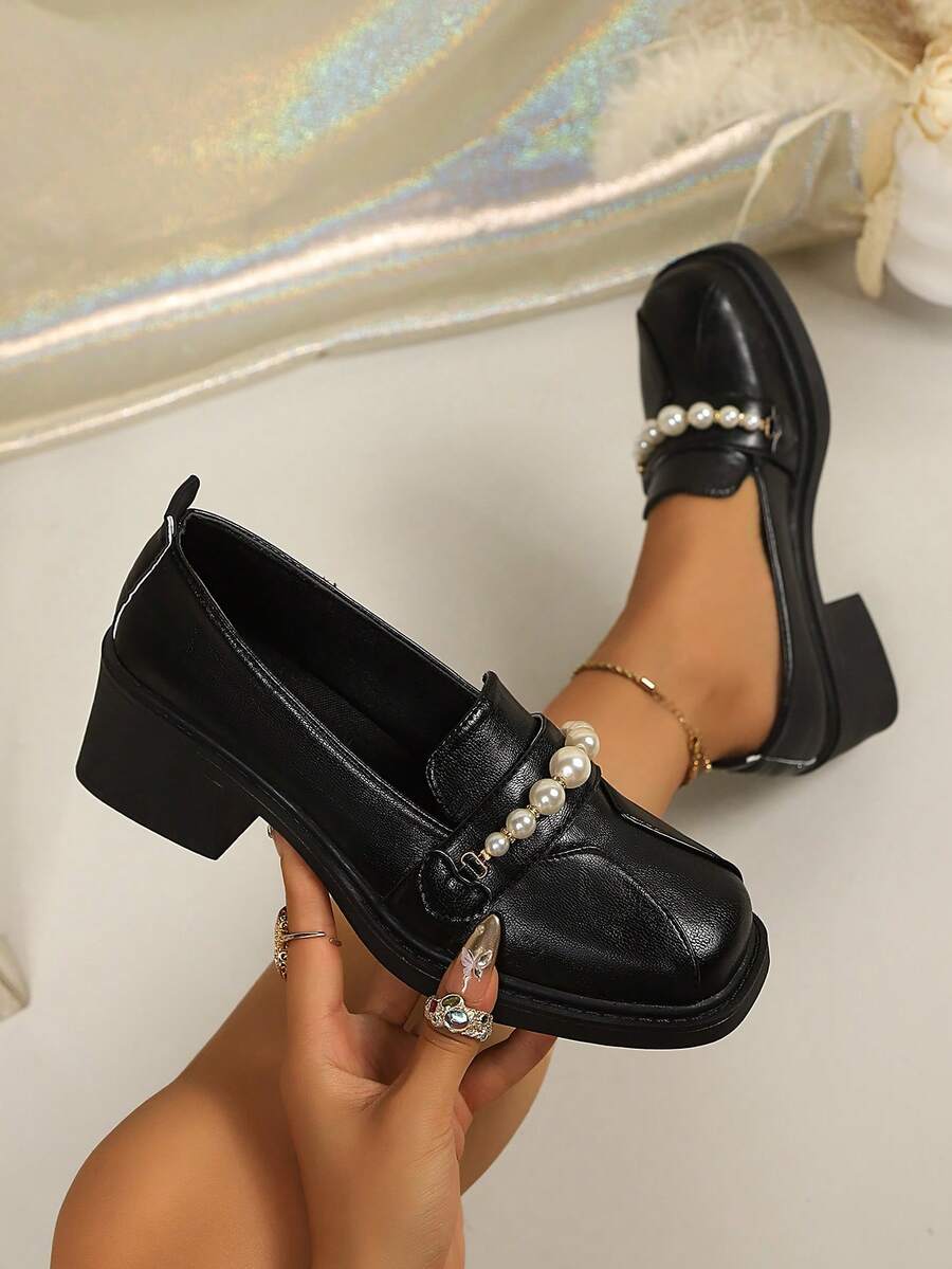Women's Vintage Pearl Decor Chunky Mid-Heel Loafers, Metallic Square Toe Slip-On Loafers, Non-Slip Rubber Sole Party Outfit Shoes - Black - View 1