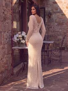 Luxury Women's Long Sleeve Square Neck Sequin & Pearl Fitted Pencil Dress, Romantic Bodycon Evening Gown With Zipper, Suitable For Formal Occasions - Champagne - View 1